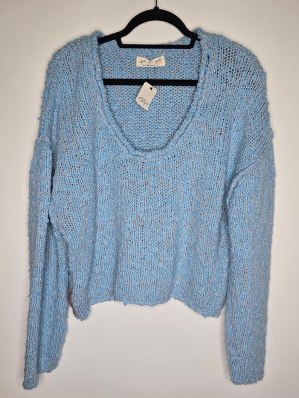 NWT Free People Firefly Pullover Light Blue Bouclé Open Knit Scoop Neck Sweater - Picture 3 of 12